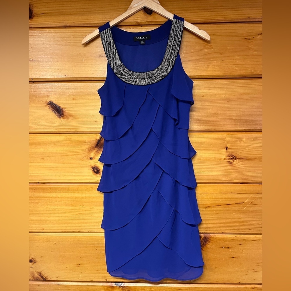 S.L. Fashions Party Dress Womens Size 6P Purple Tiered Ruffle Beaded Crew Neck